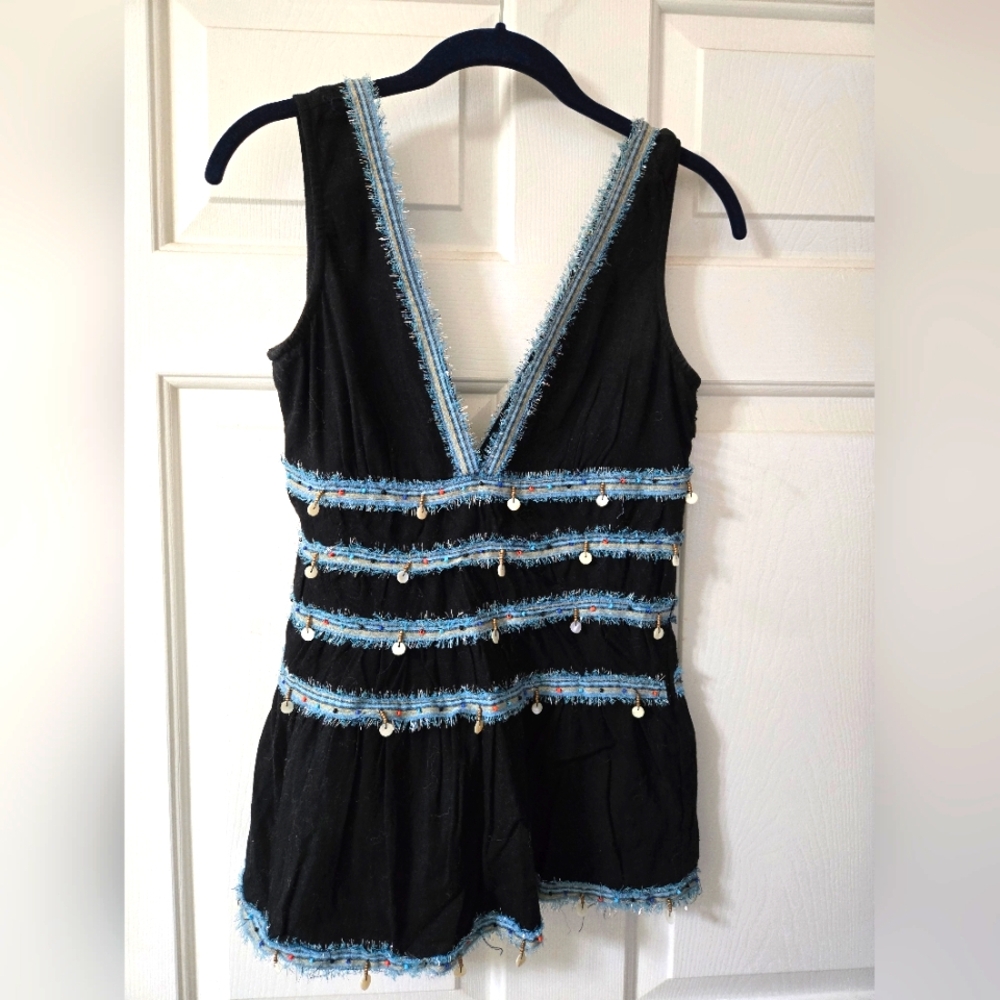 Free People Black and Blue Deep V-Neck Shirt with Shell And Bead Accents